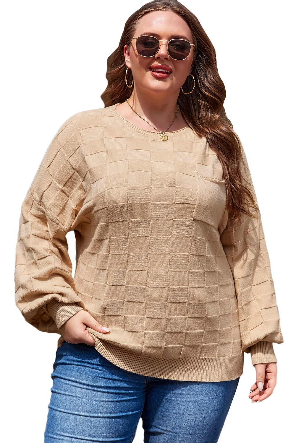 Plus Size Checkered Knit Sweater