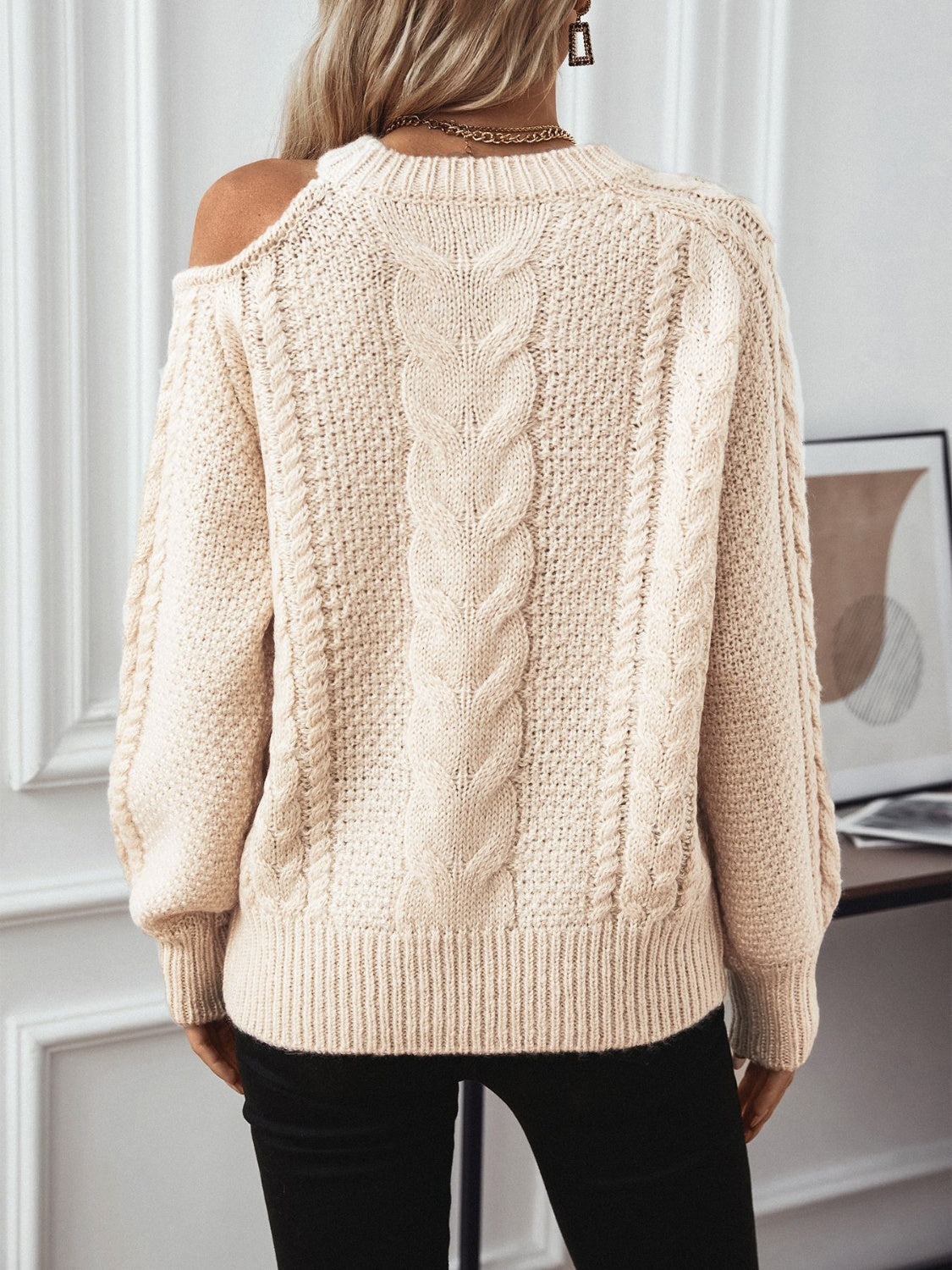 Cable-Knit Cold Shoulder Sweater