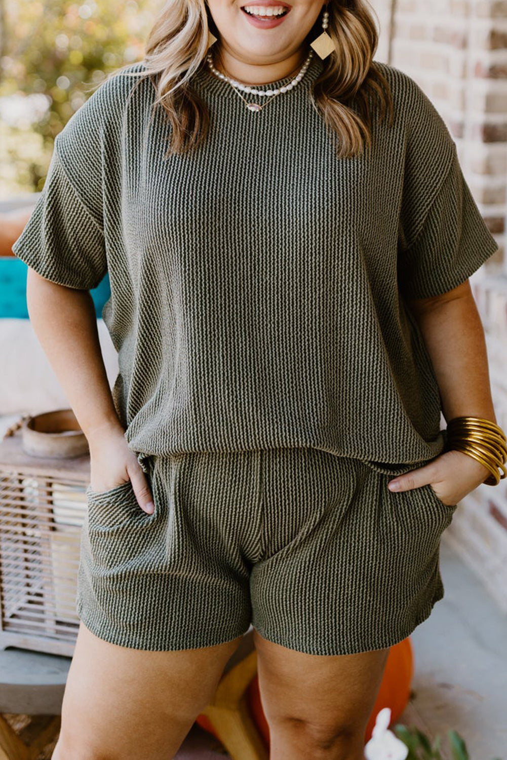 Plus Size Rib Knit Top & Shorts Set