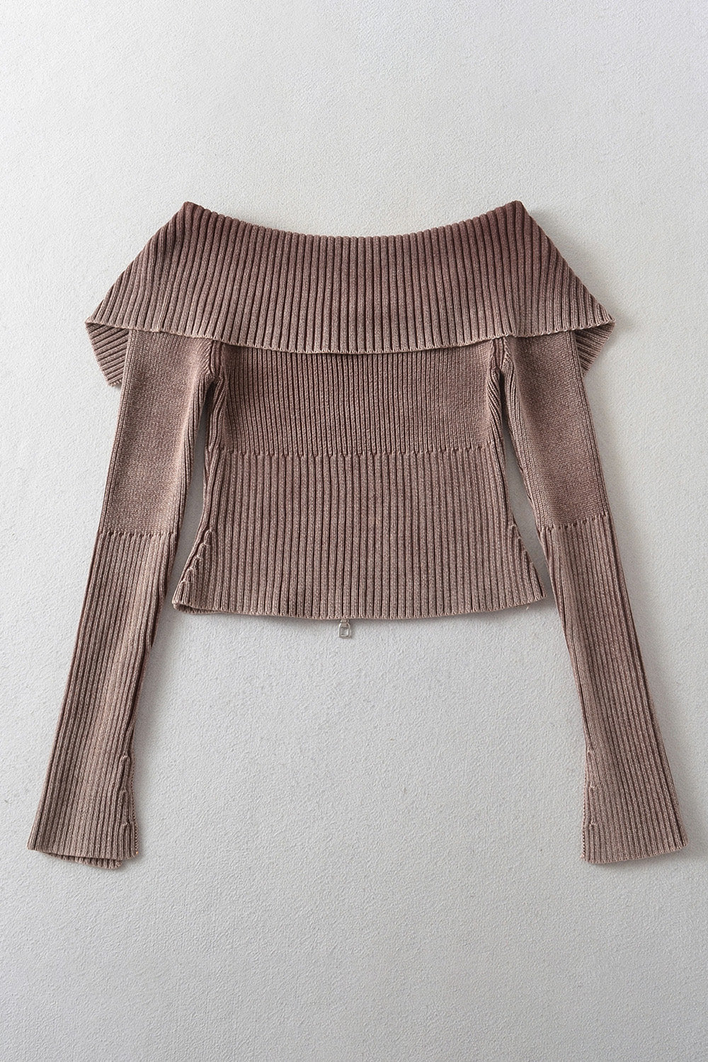 Ribbed Off-Shoulder Zip-Up Crop Top