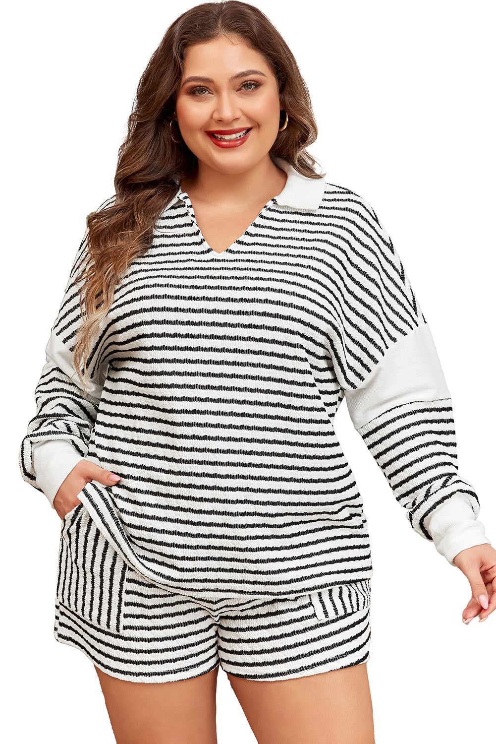 Plus Size Stripe Long Sleeve Top & Shorts Set