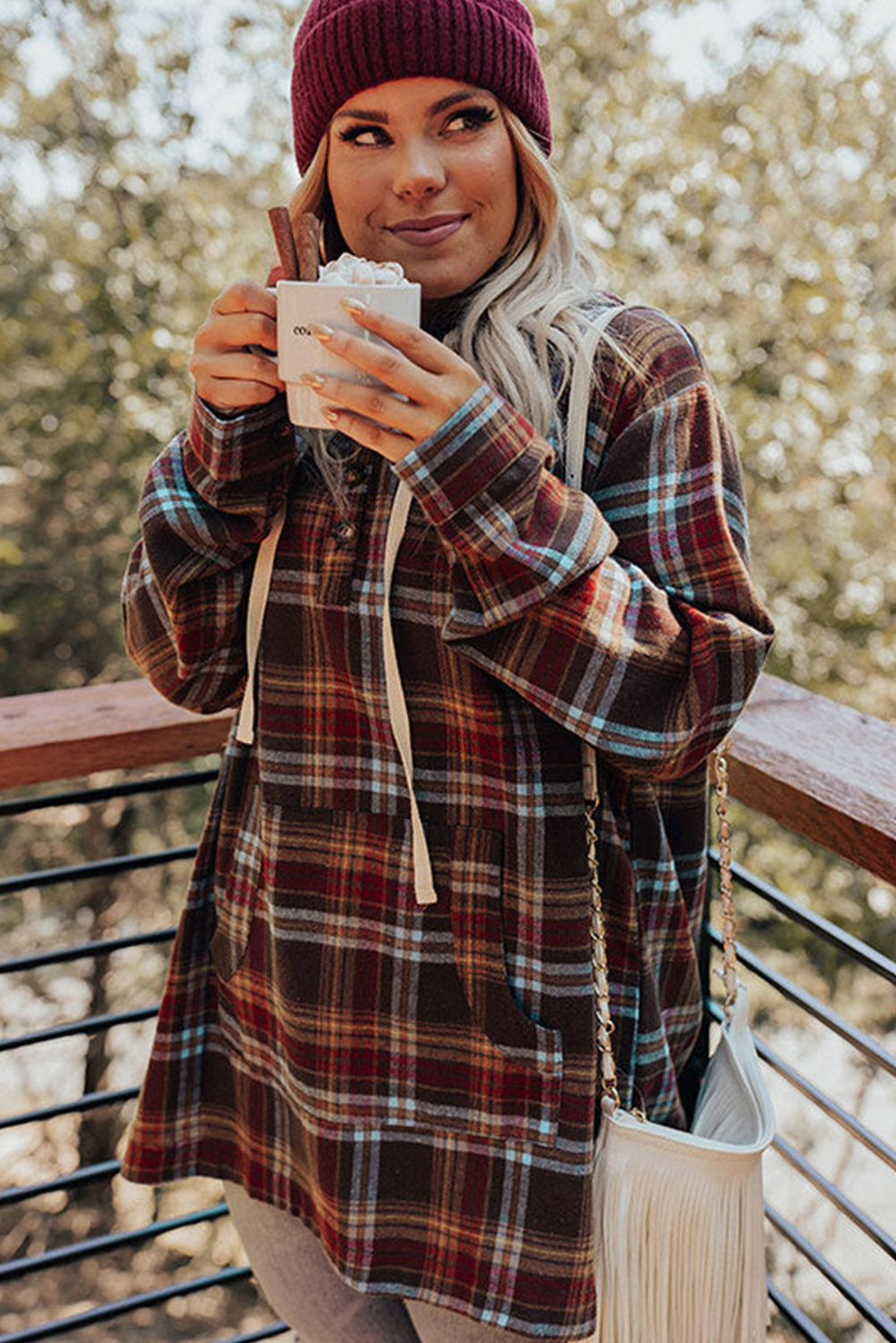 Plus Size Plaid Drawstring Hoodie