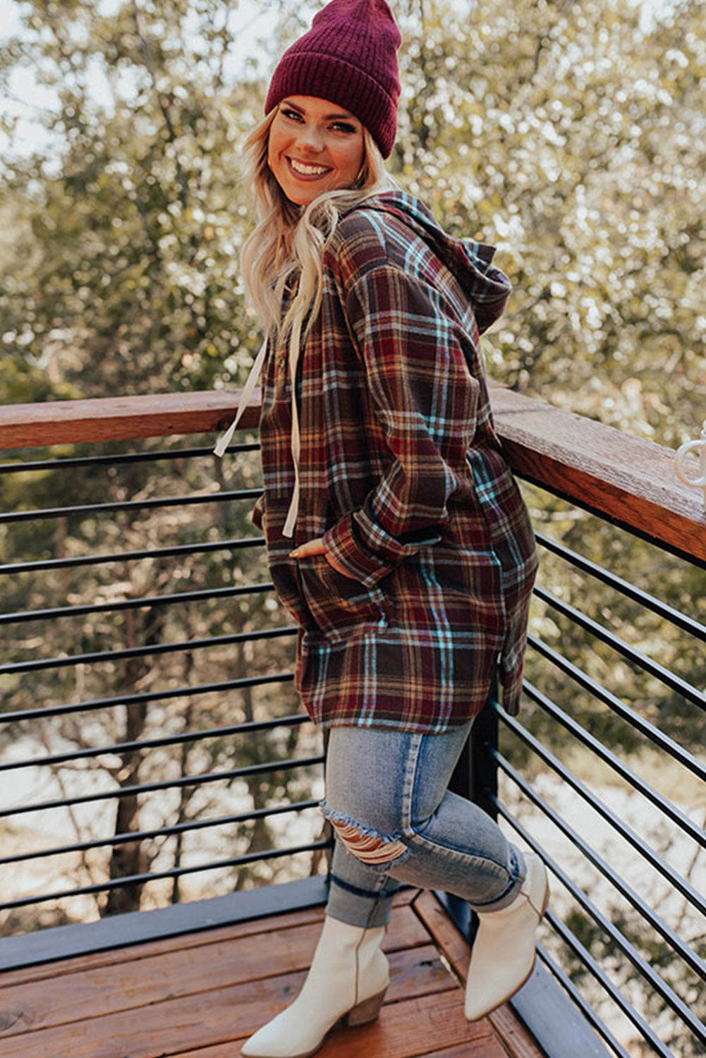 Plus Size Plaid Drawstring Hoodie