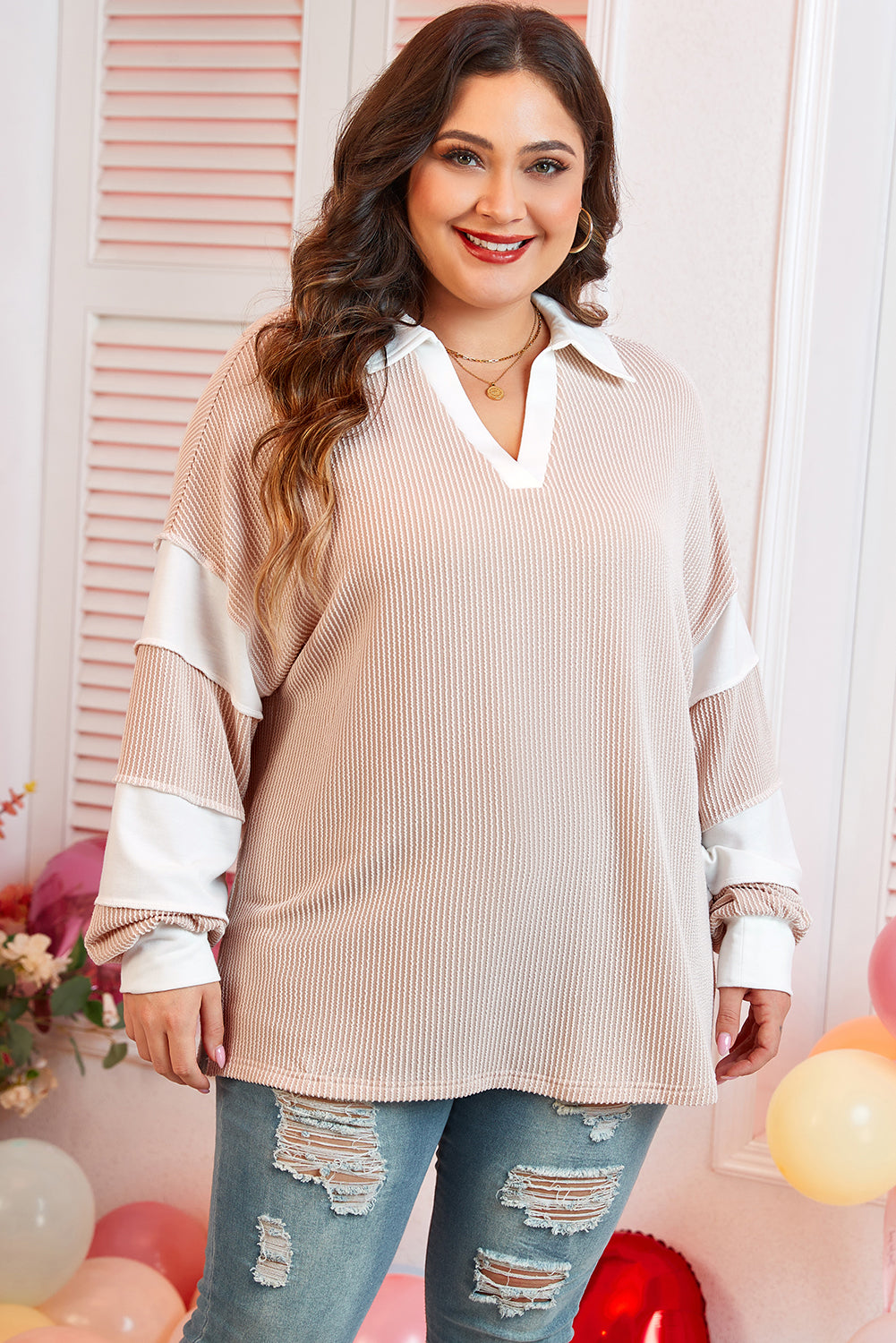 Plus Size Corded Colorblock Long Sleeve