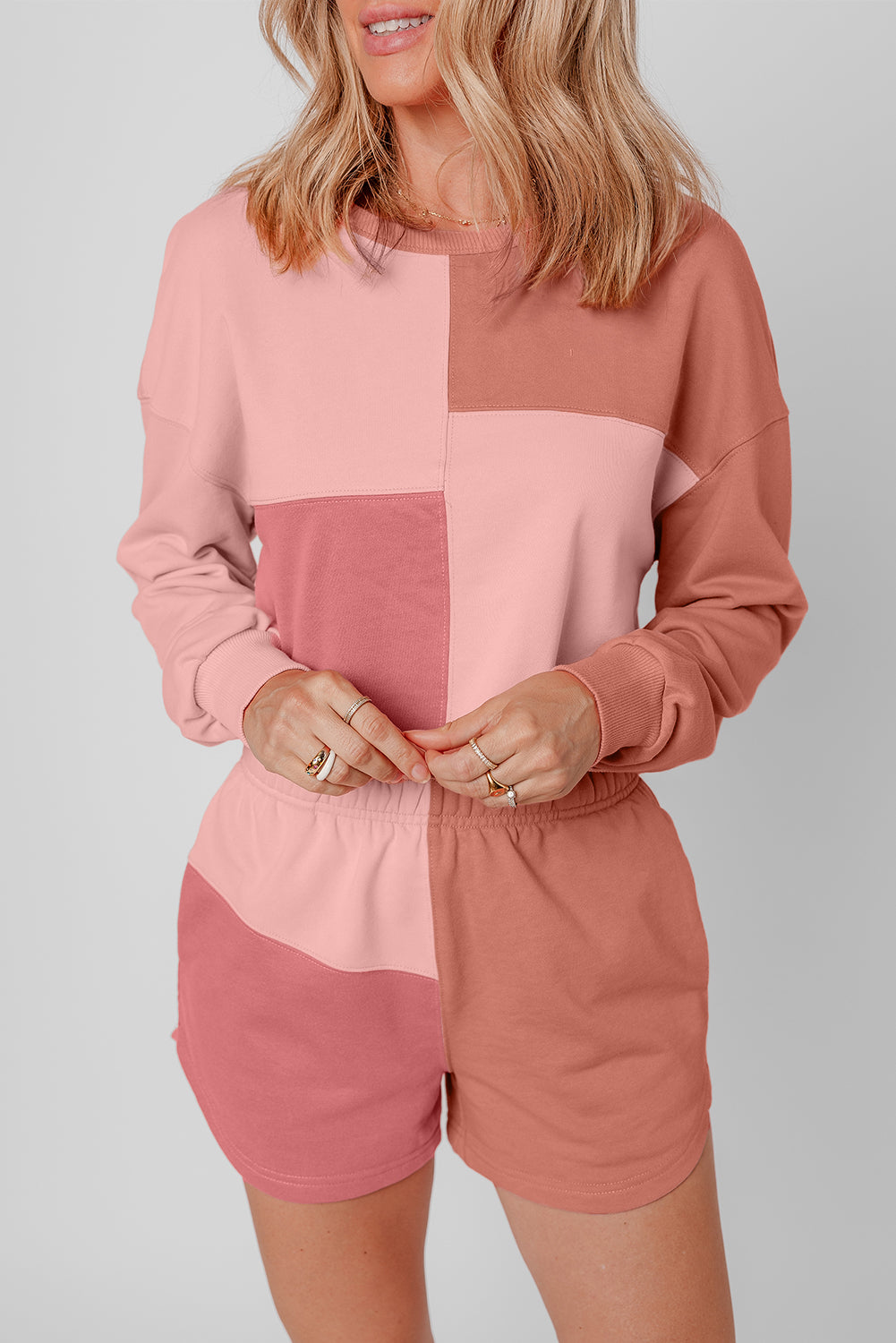 Peach Blossom Colorblock Long Sleeve & Shorts Set