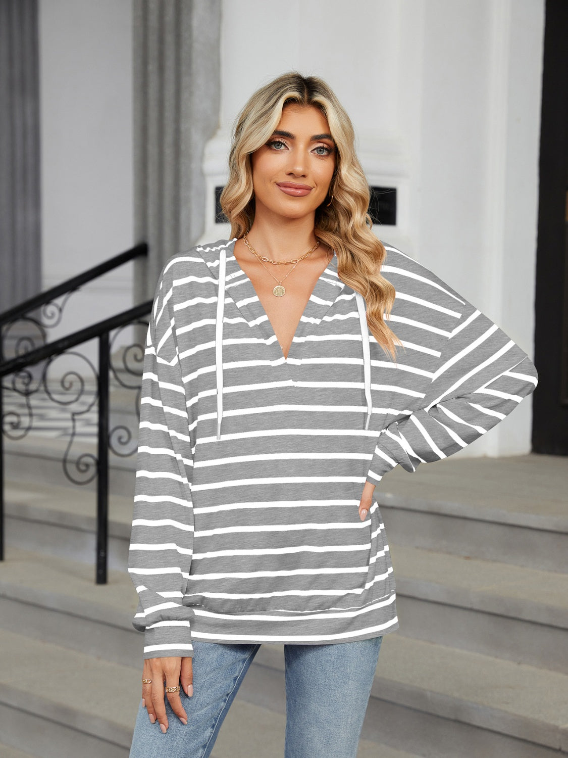 Drawstring Striped Hoodie