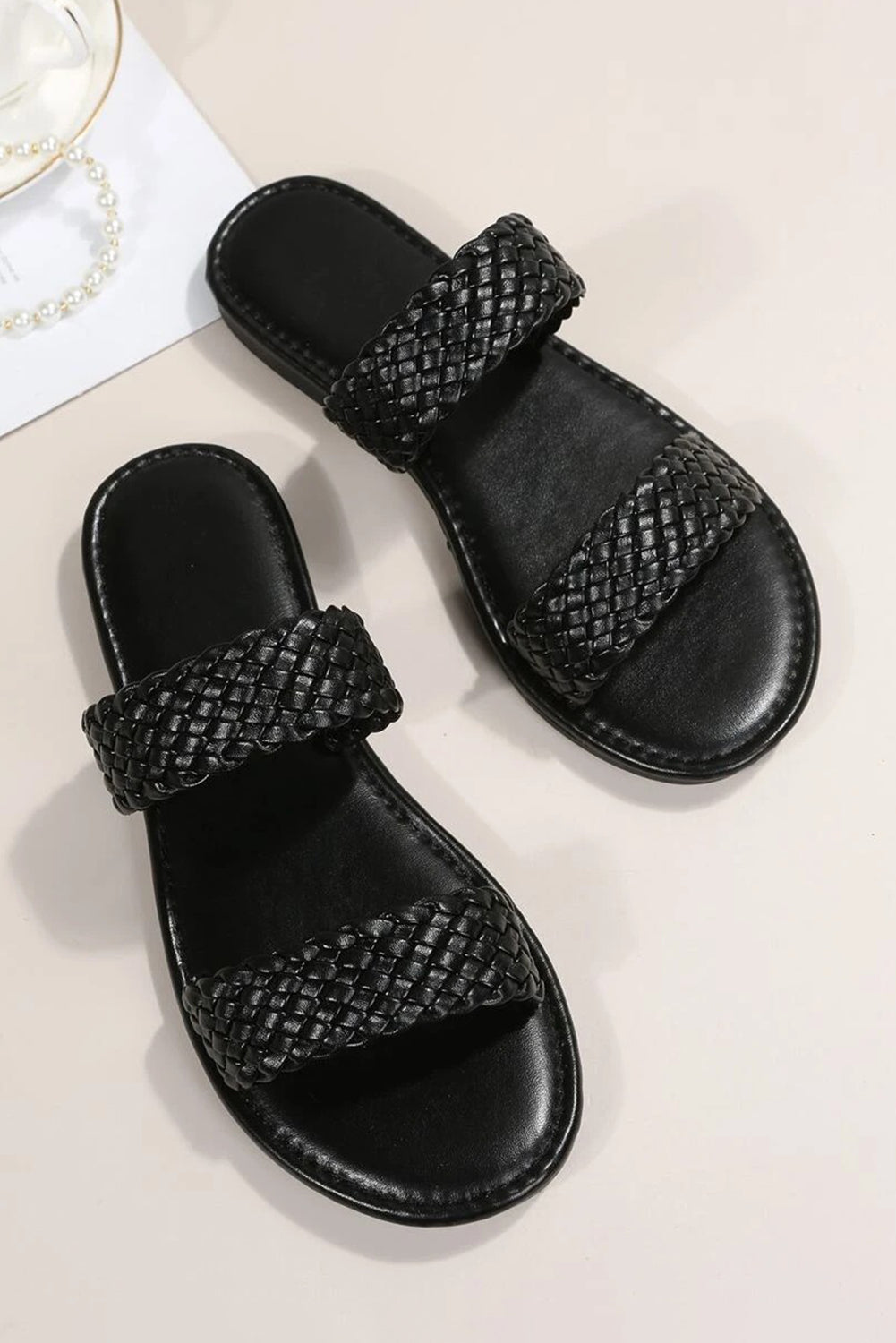 Black Braided Leather Flat Sandals