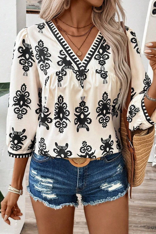 Geometric Printed 3/4 Sleeve Blouse