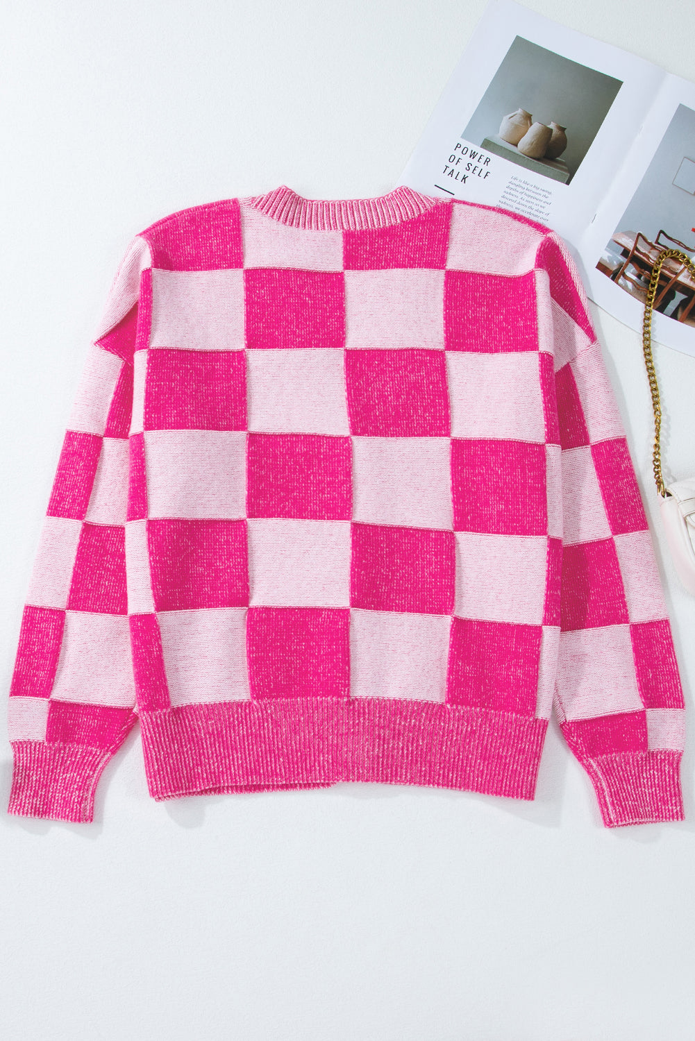 Pink Checkered Buttoned V-Neck Cardigan