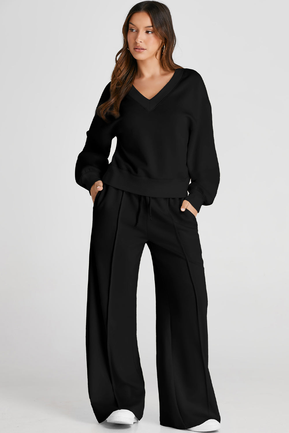 Loose V-Neck & High Waist Pants Set