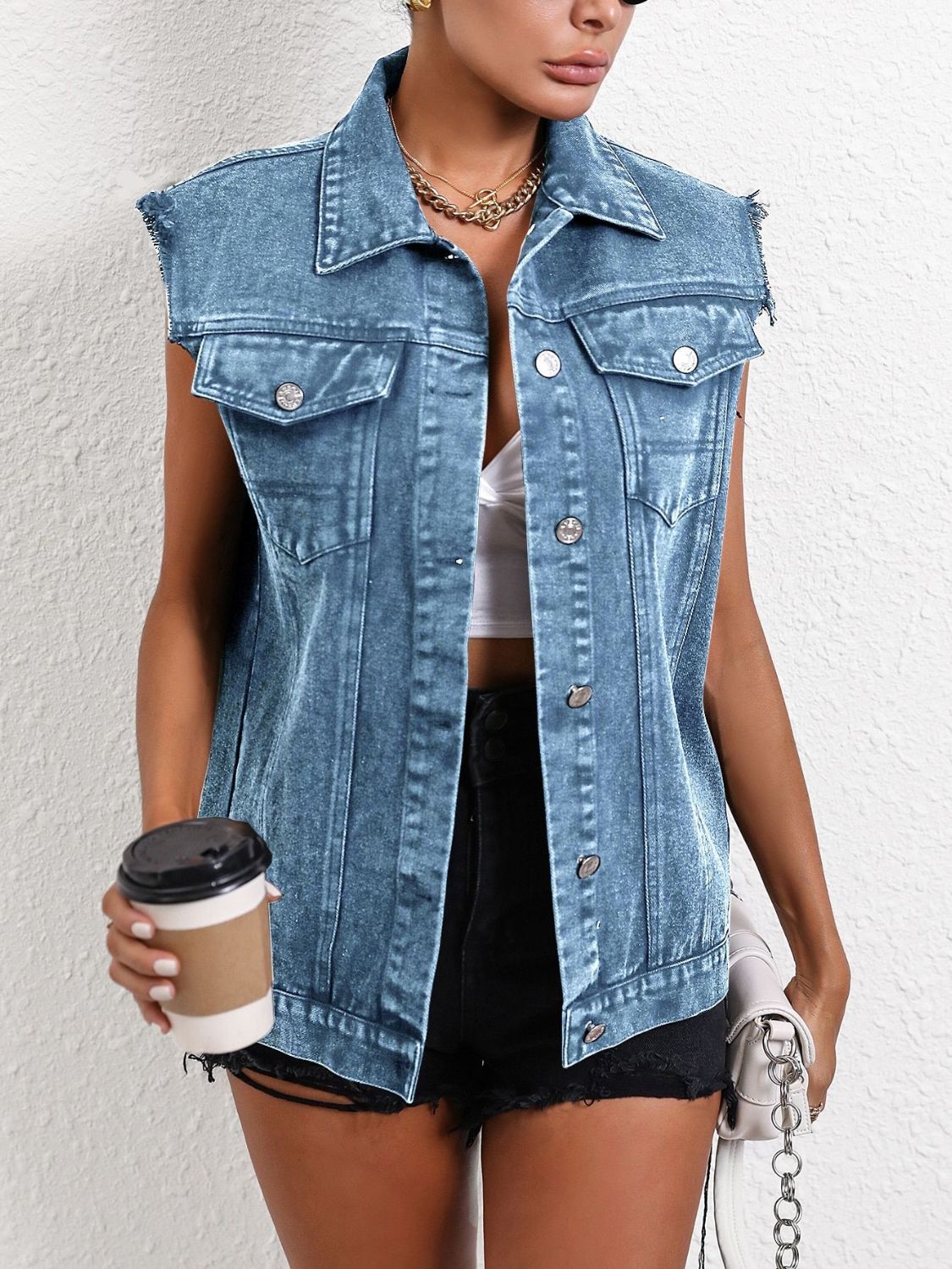 Collared Sleeveless Denim Jacket