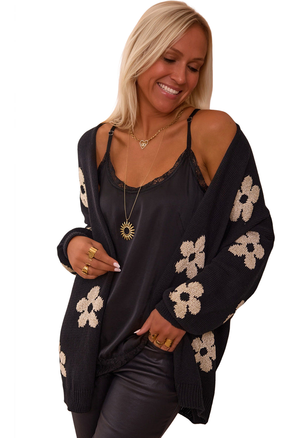 Black Floral Knitted Loose Cardigan