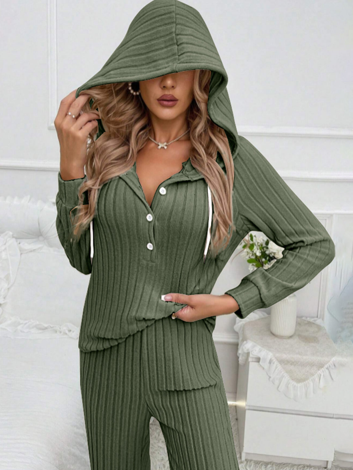 Half-Button Hooded Top & Ribbed Pants Set