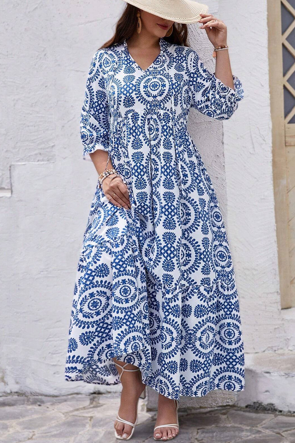 Plus Size Geometric Lace-up Maxi Dress