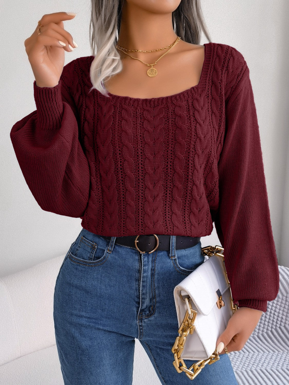 Cable-Knit Square Neck Sweater