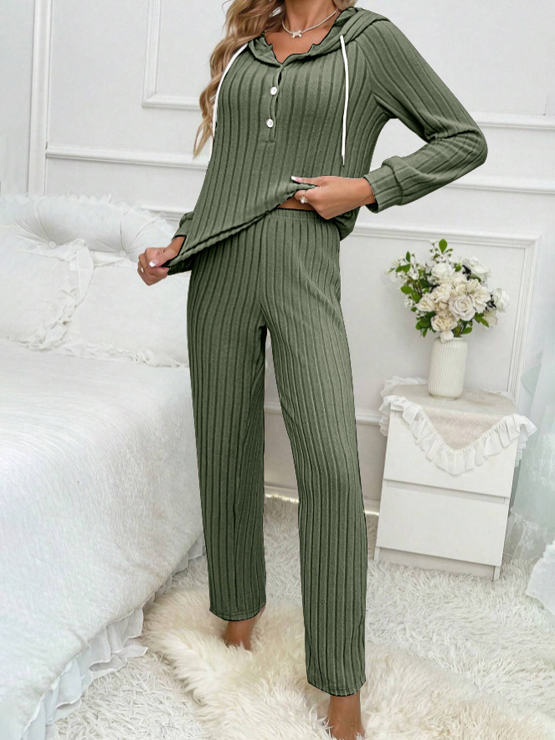 Half-Button Hooded Top & Ribbed Pants Set