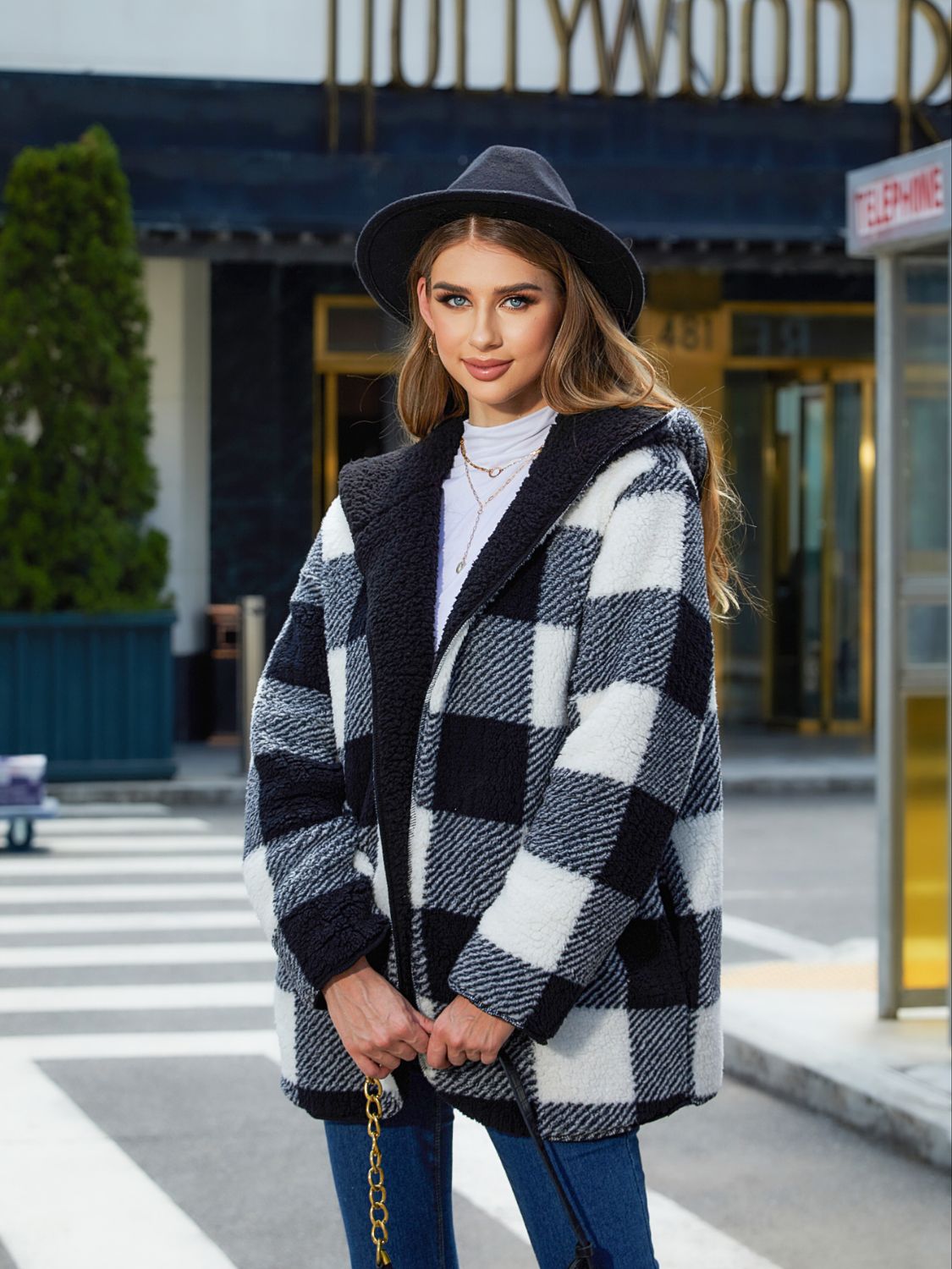 Reversible Plaid & Black Hooded Coat