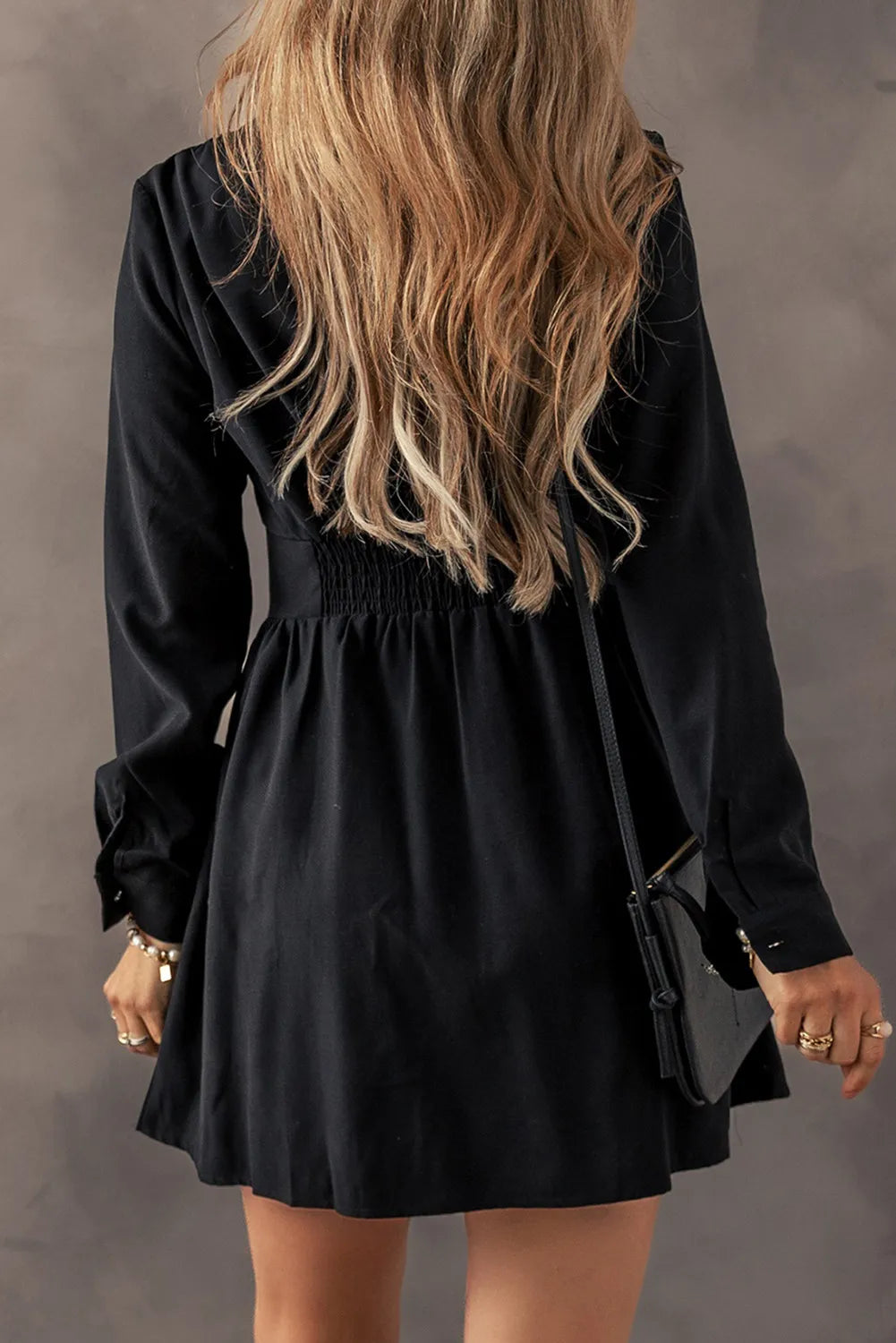 Ruched Button-Up Long Sleeve Dress