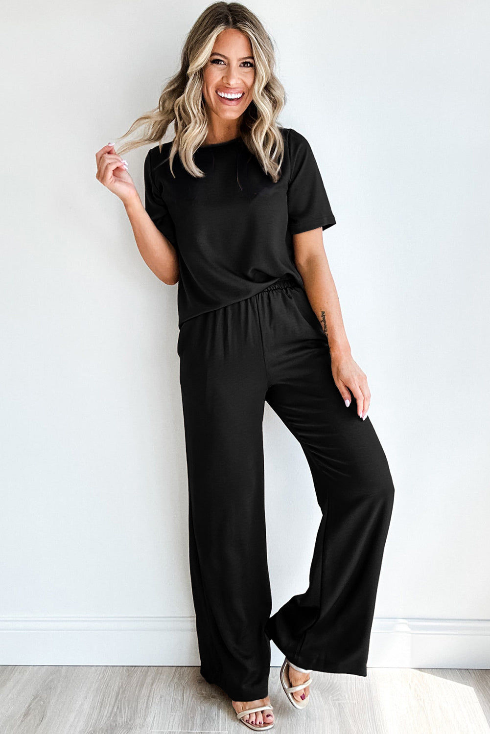 Black T-Shirt & Wide Leg Pants Set