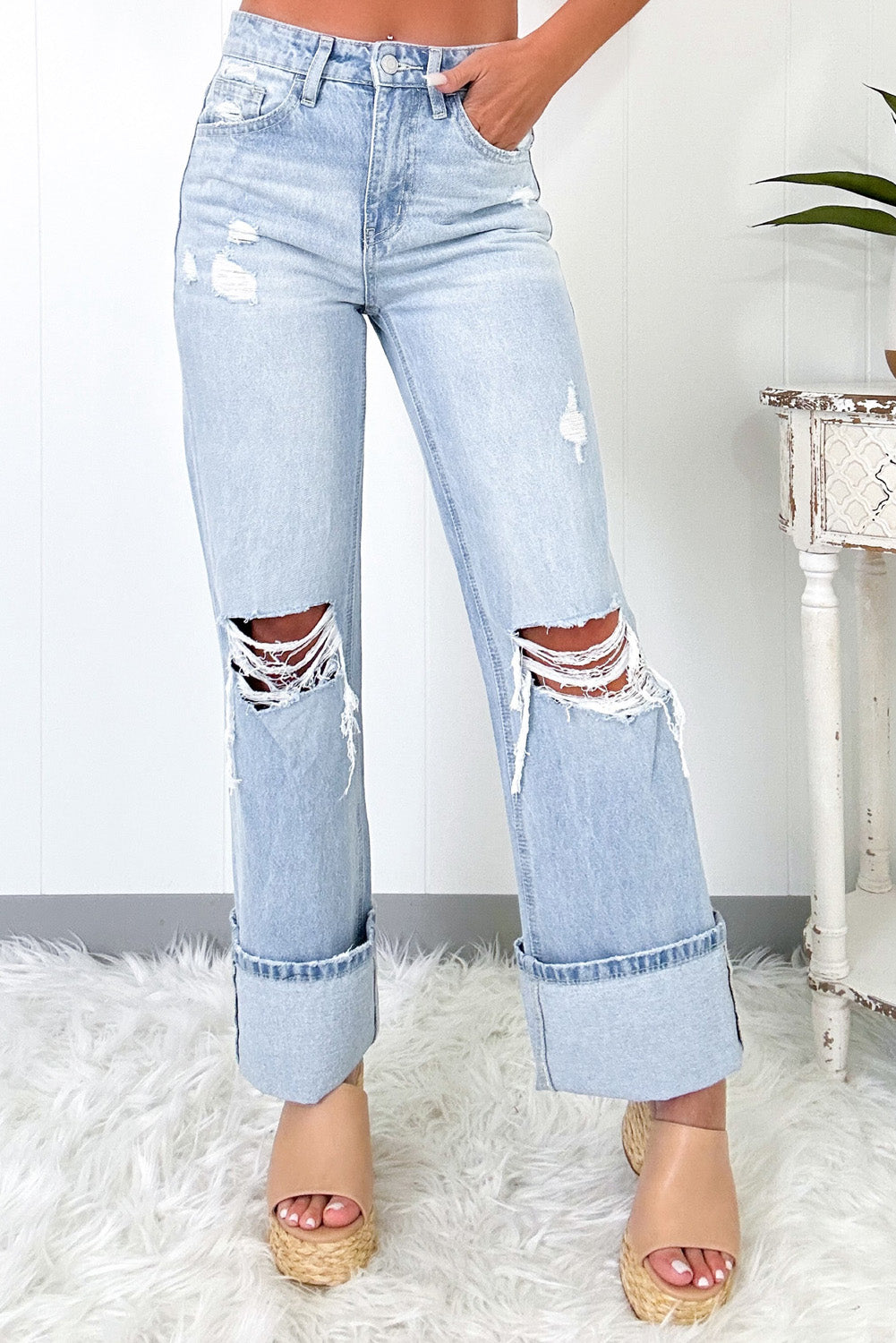 Light Wash Distressed Flare Jeans