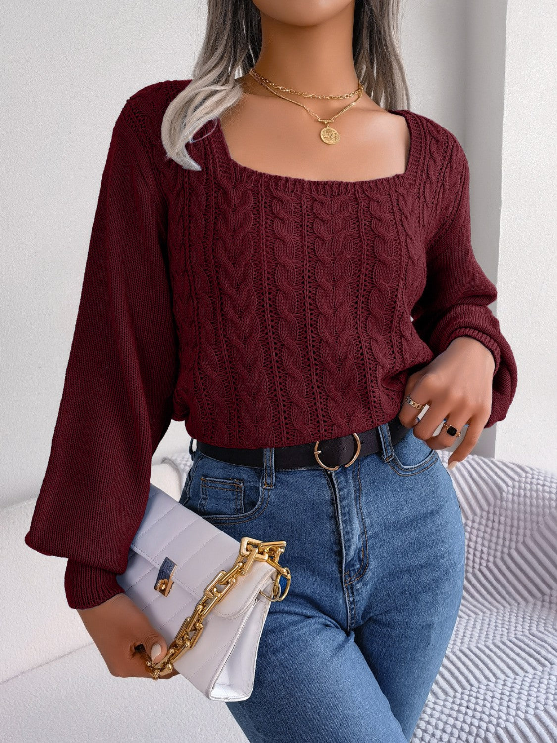 Cable-Knit Square Neck Sweater