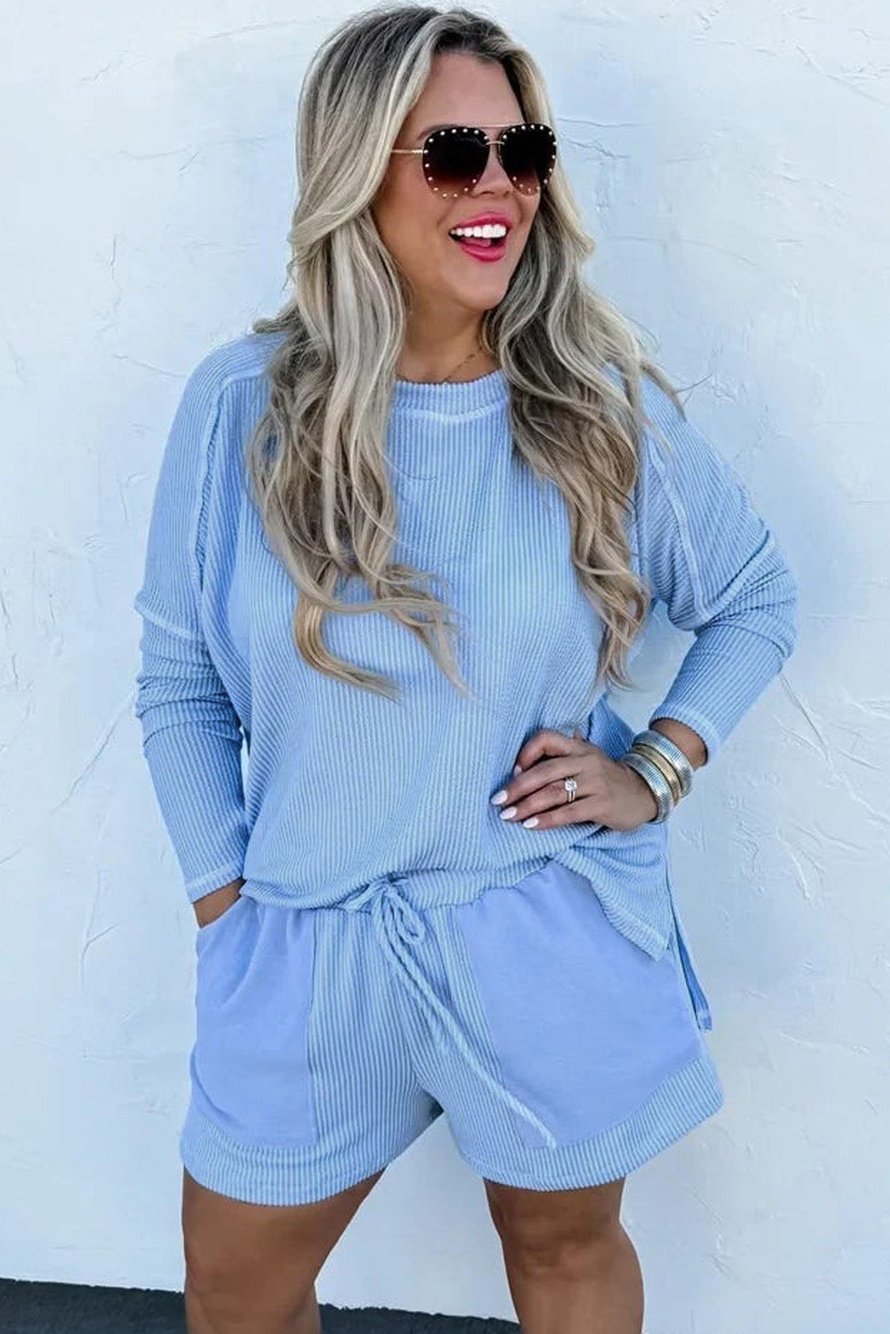 Plus Size Ribbed Long Sleeve & Drawstring Shorts Set