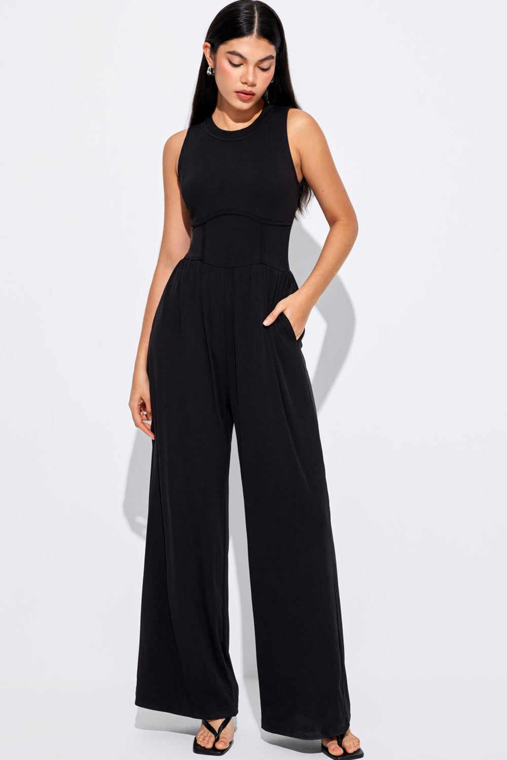 Cinched Waist Sleeveless Wide Leg Jumpsuit