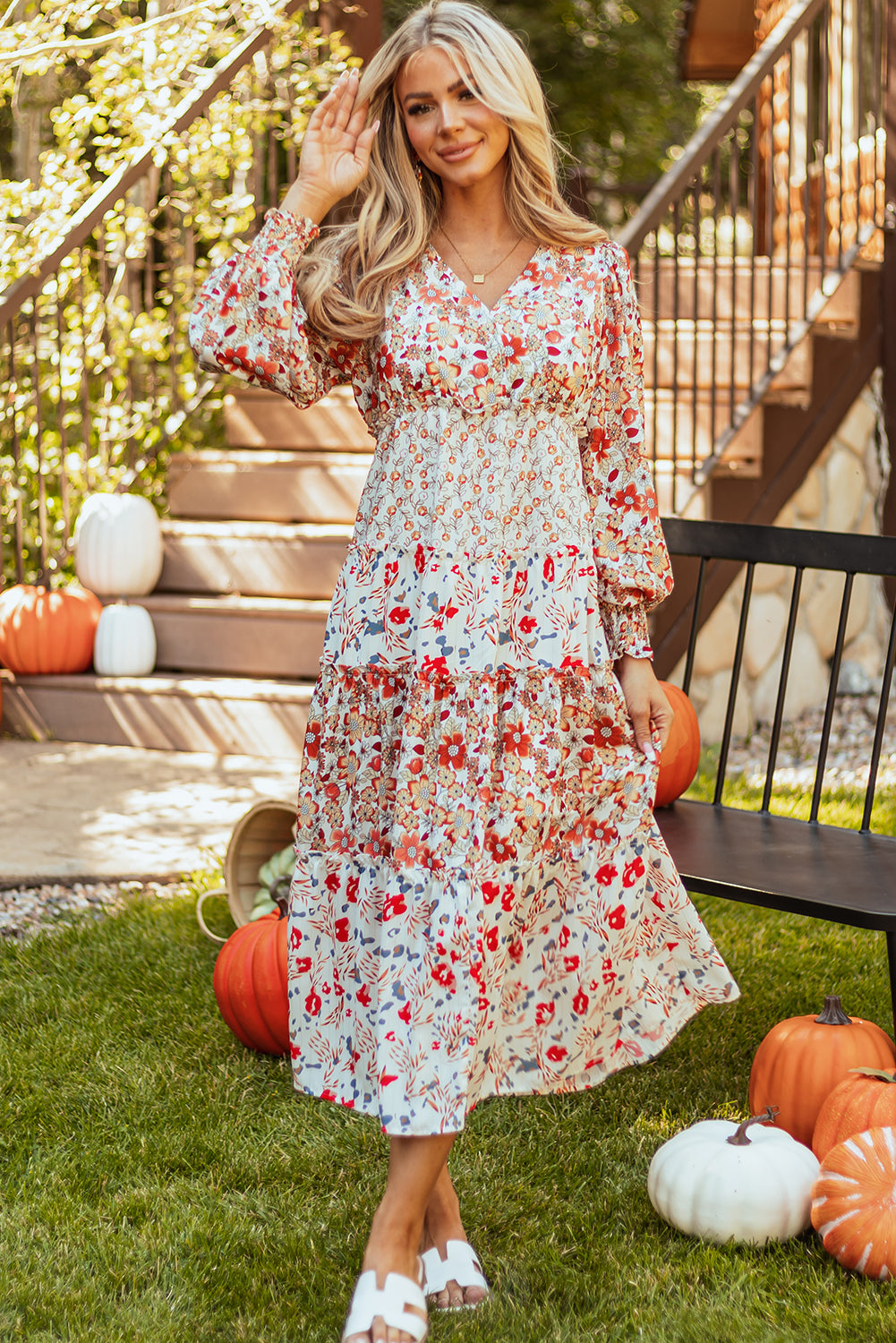 Floral Ruffled Tiered Long Sleeve Midi Dress