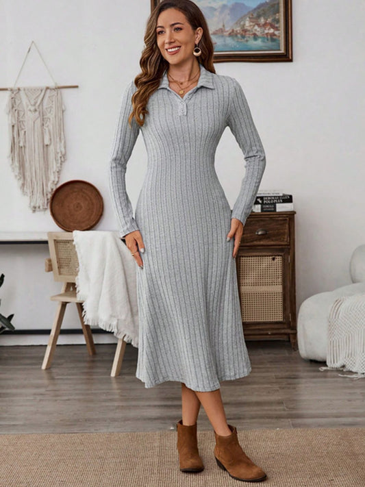 Collared Long Sleeve Midi Dress