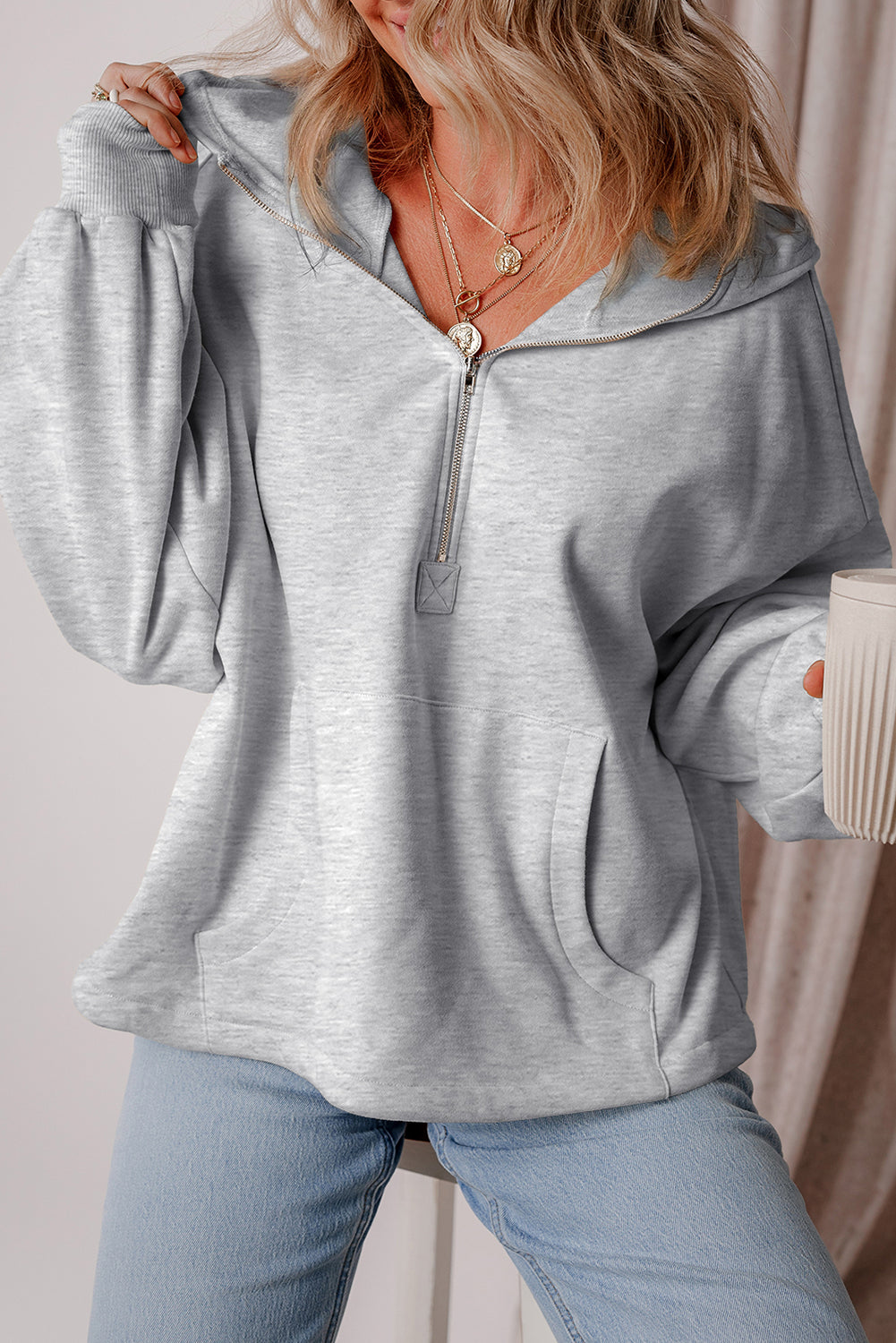 Fleece Half-Zip Kangaroo Loose Hoodie