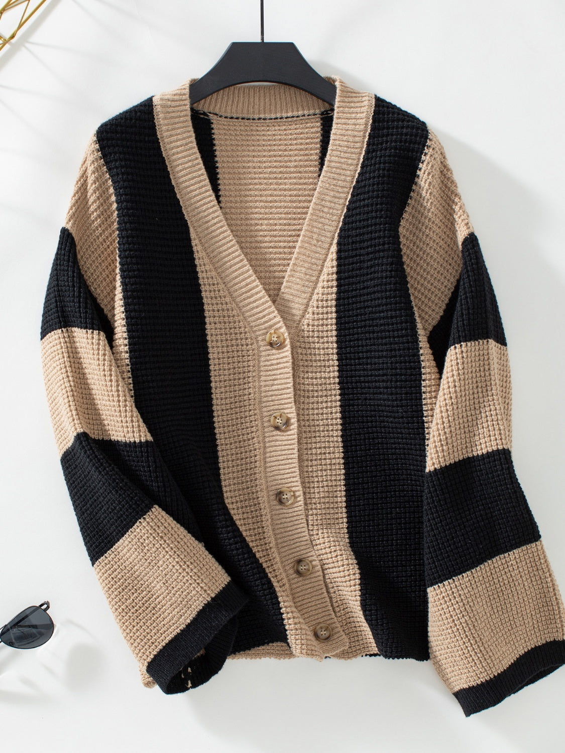 Waffle-Knit Striped Cardigan