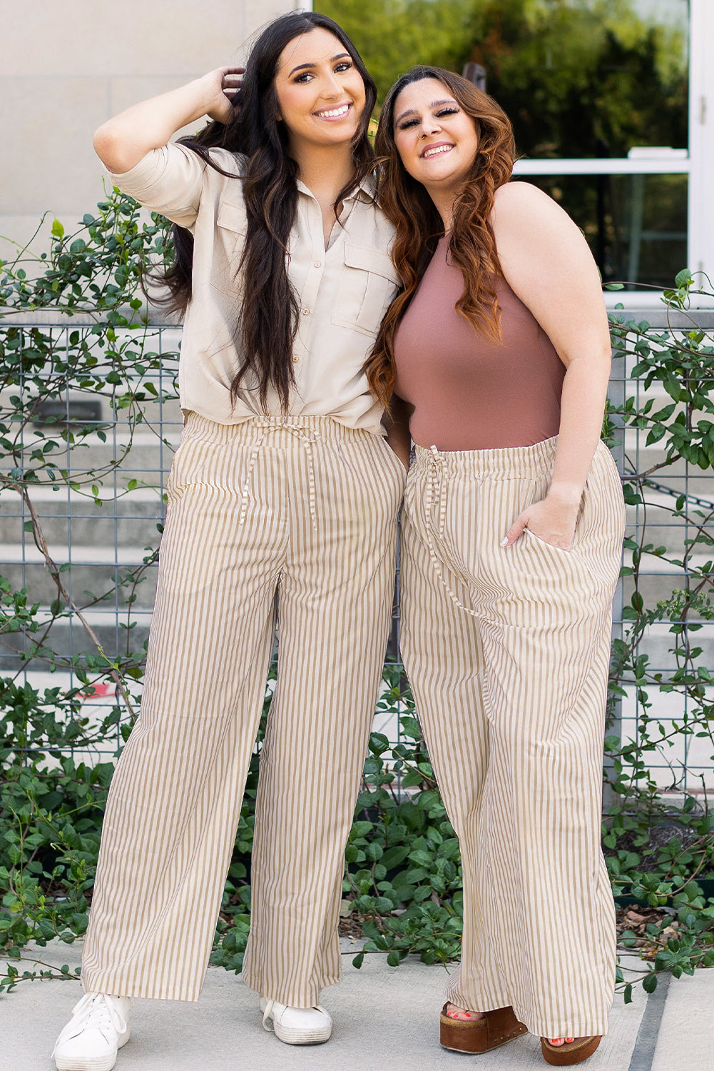 Plus Size Khaki Stripe High Waist Pants