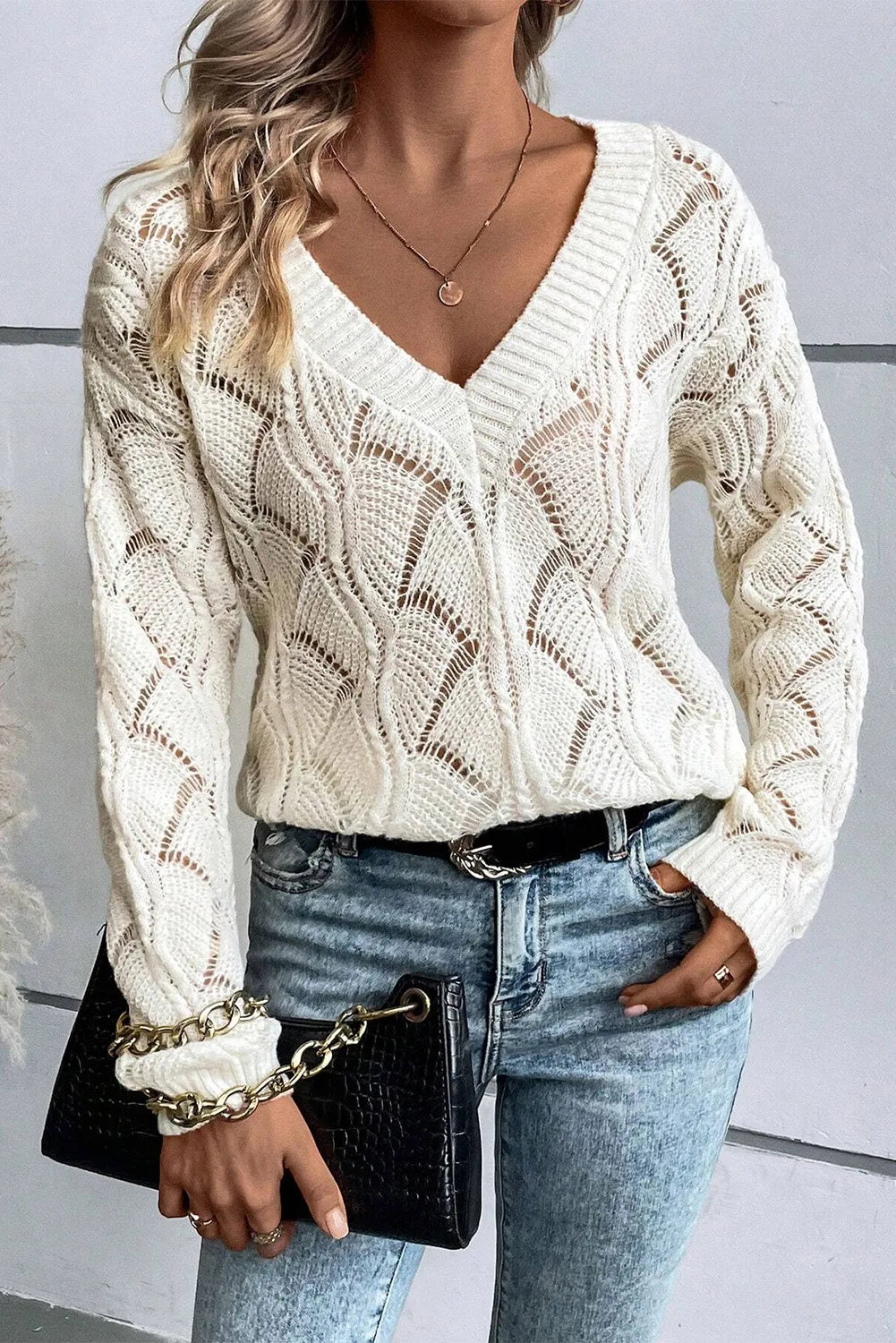 Openwork V-Neck Sweater