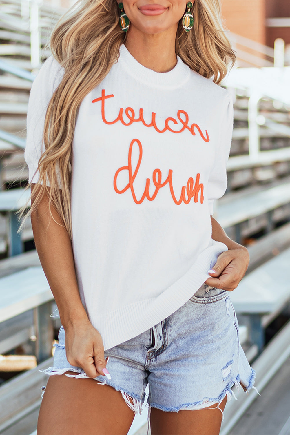 White Touchdown Tinsel Puff Sleeve Sweater