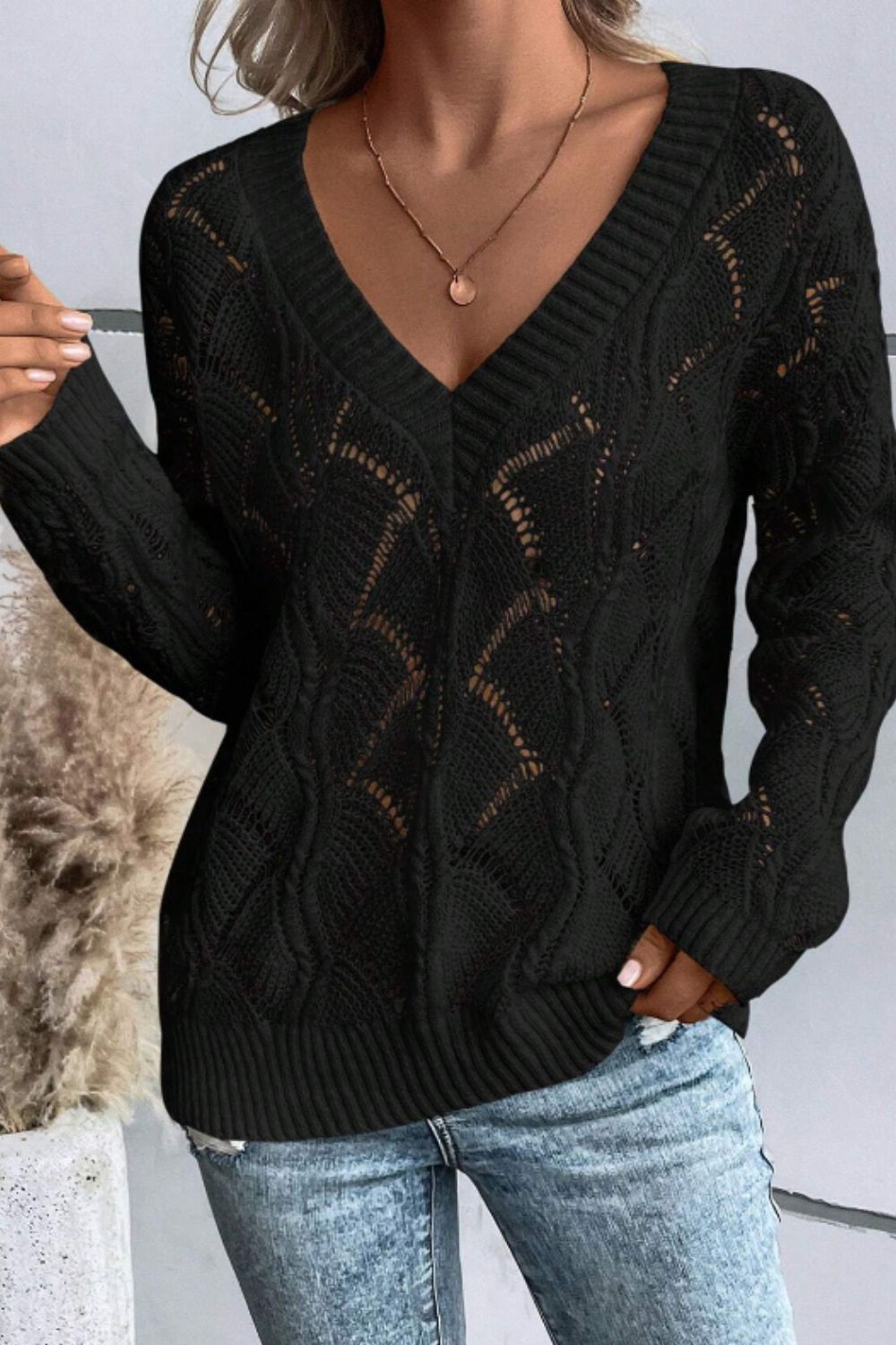 Openwork V-Neck Sweater