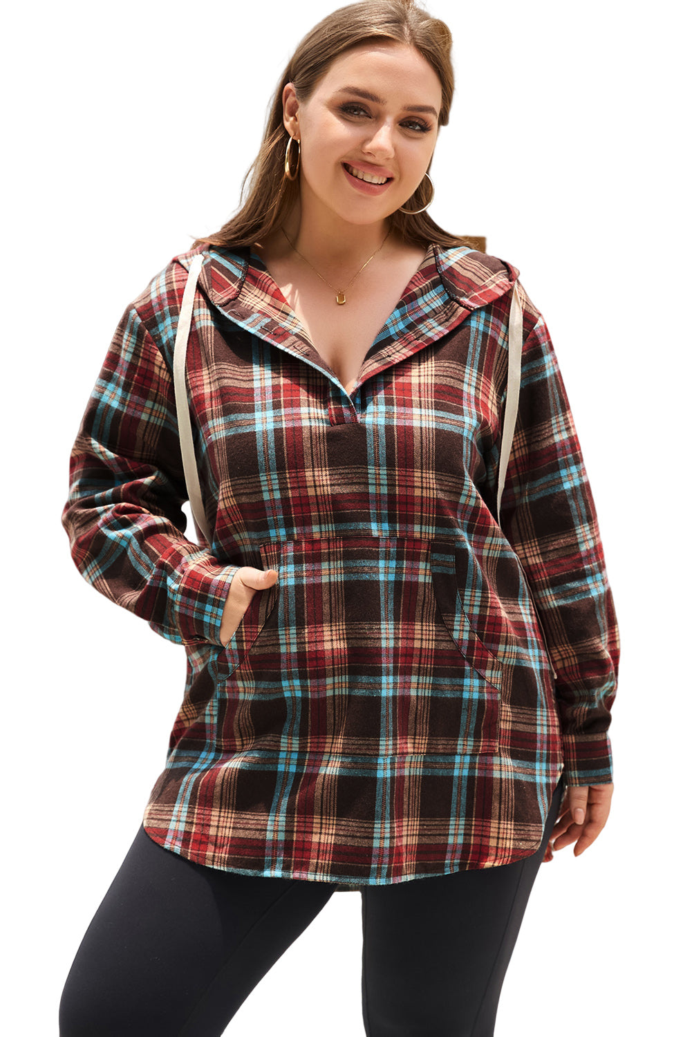 Plus Size Plaid Drawstring Hoodie