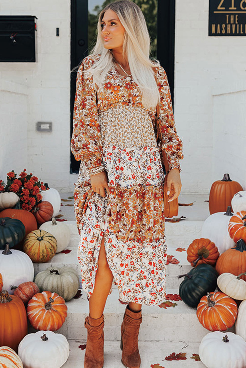 Floral Ruffled Tiered Long Sleeve Midi Dress