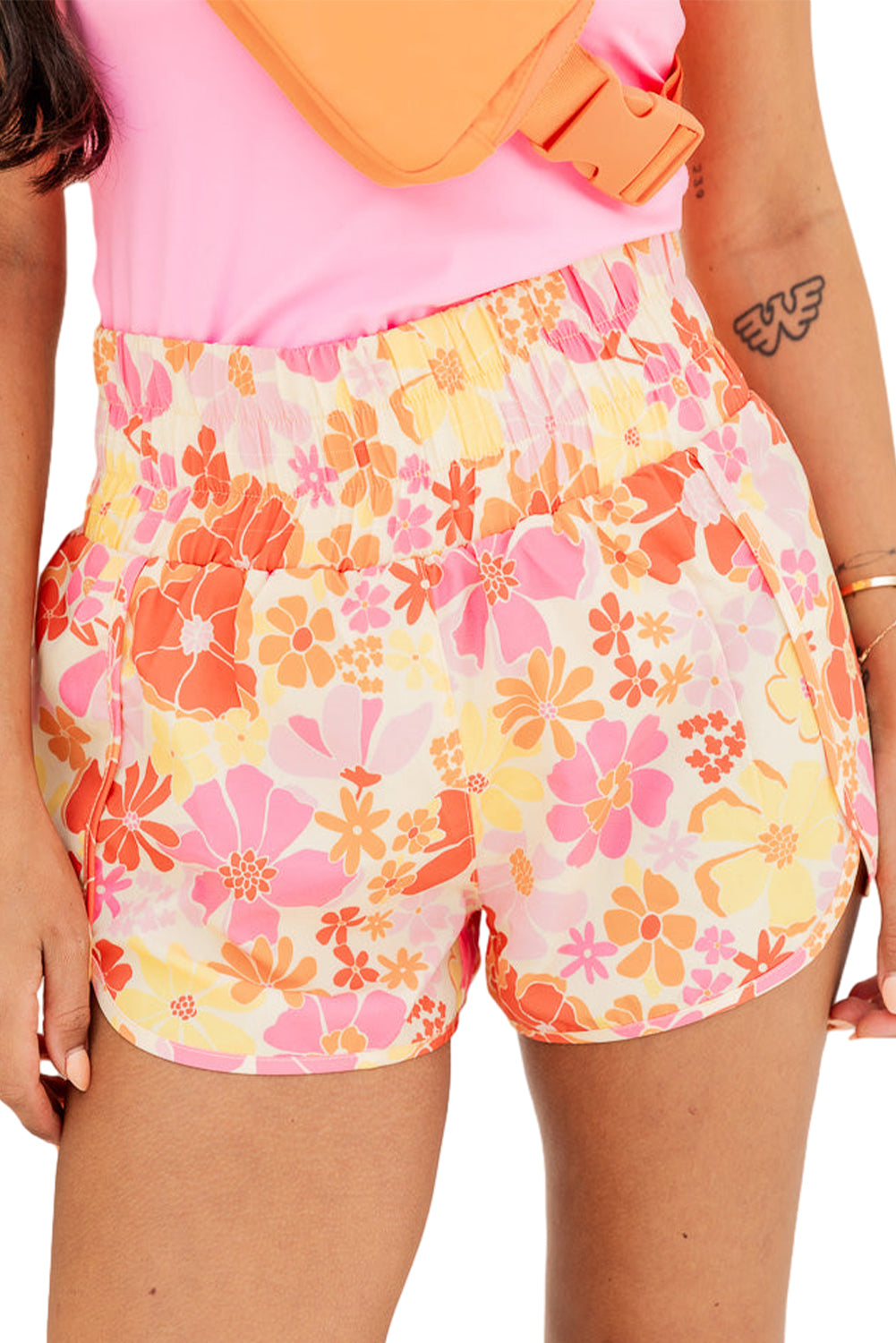 Boho Floral Shirred High Waist Shorts