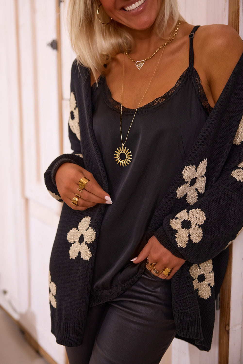 Black Floral Knitted Loose Cardigan