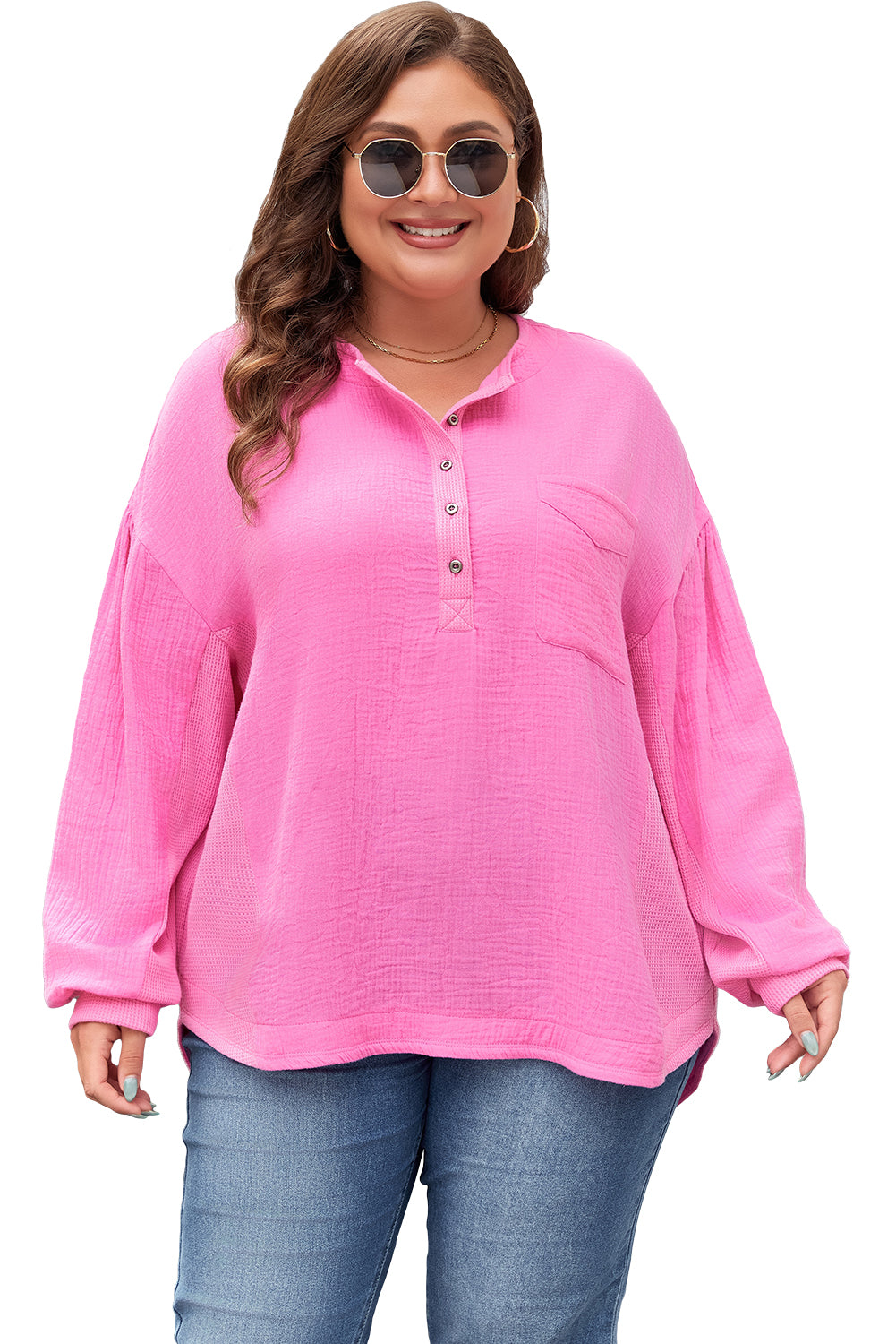 Plus Size Half Button Drop Sleeve Top