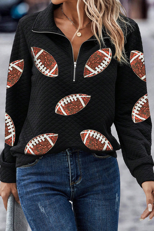 Black Sequin Football Quarter Zip Pullover