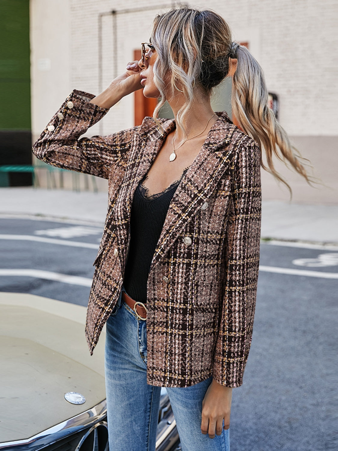 Plaid Lapel Collar Blazer