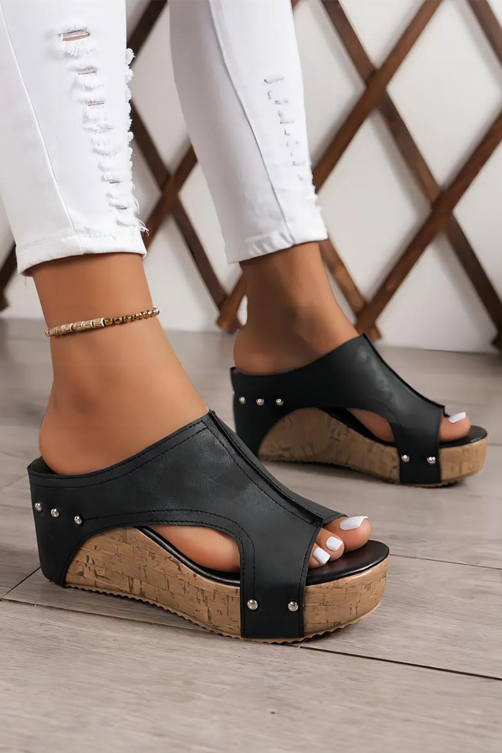 Hollow Out Leather Wedge Sandals