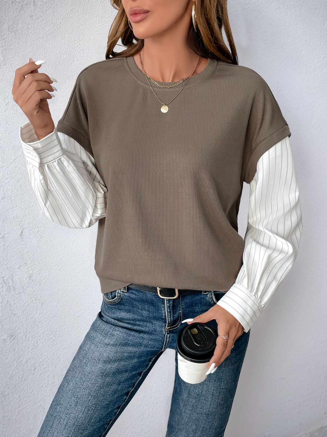 Round Neck Striped Sleeve Sweatshirt