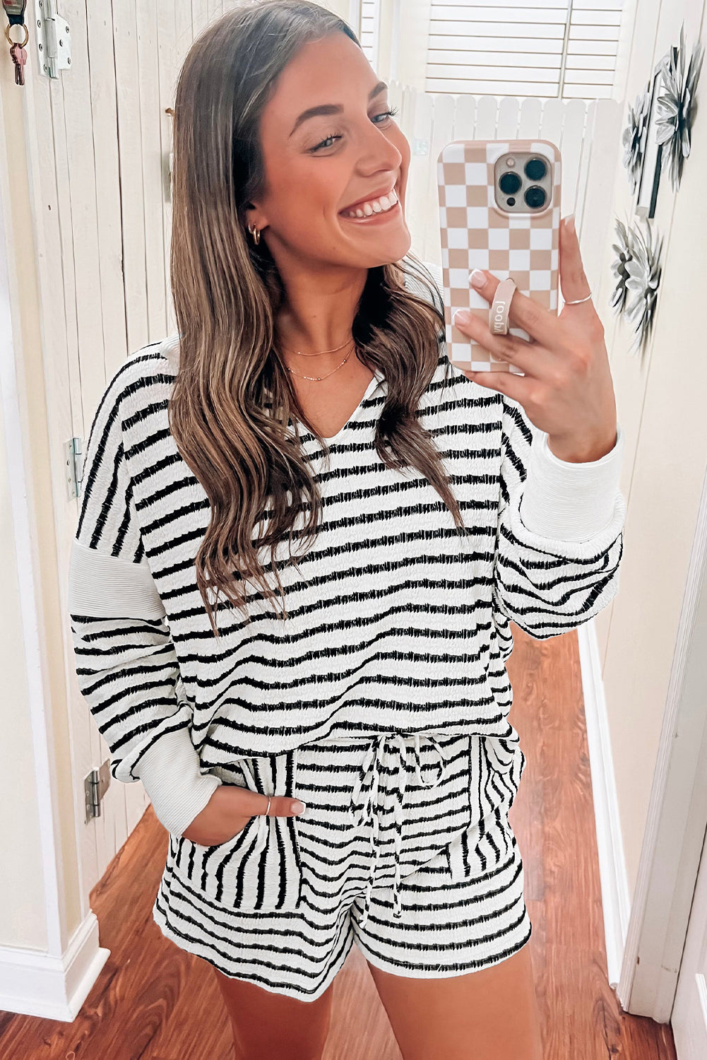 Plus Size Stripe Long Sleeve Top & Shorts Set