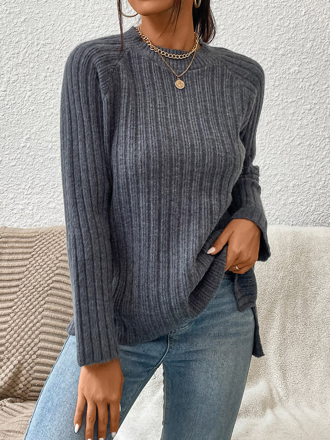 Ribbed Raglan Sleeve Sweater