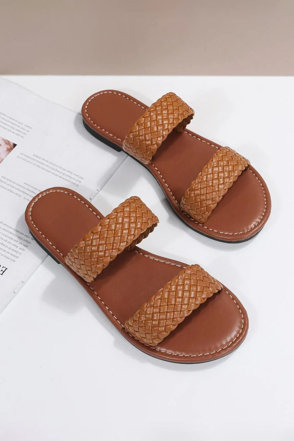 Chestnut Braided Leather Flat Sandals