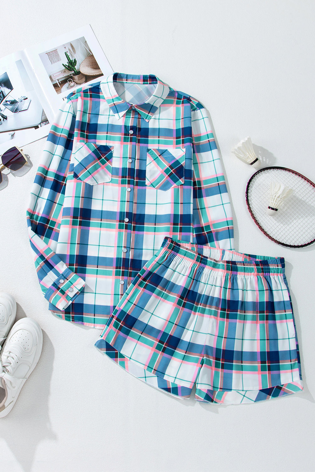 Blue Plaid Shirt & Shorts Lounge Set