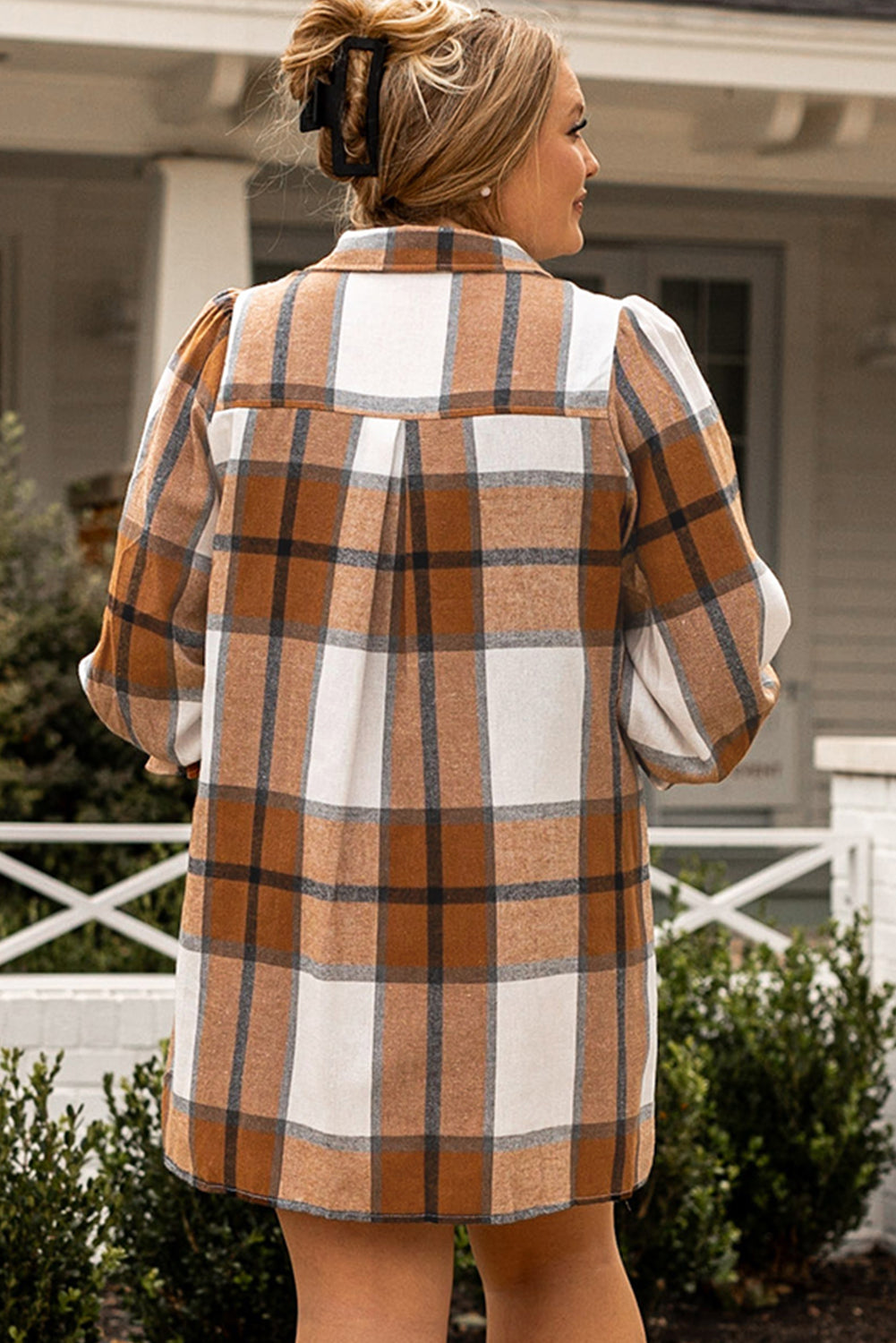 Plus Size Khaki Plaid Sleeve Shirt Dress