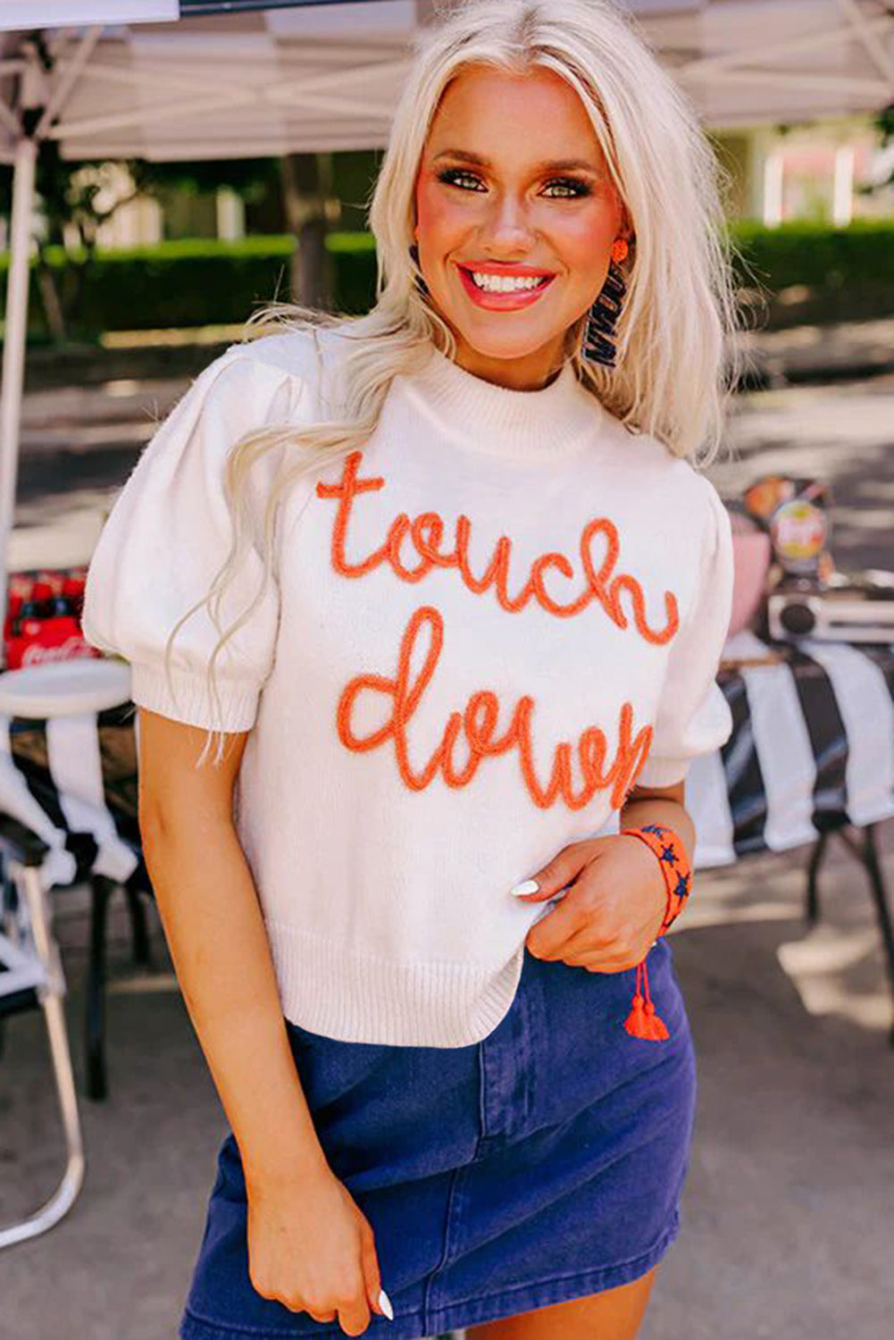 White Touchdown Tinsel Puff Sleeve Sweater